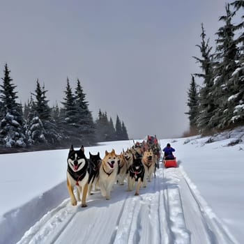 Dog team pulls a sleigh in the depths of Alaska