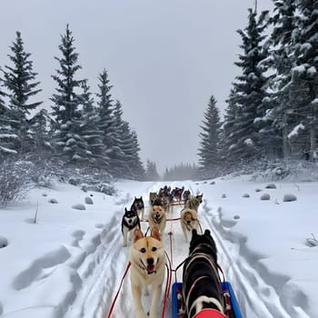 Dog team pulls a sleigh in the depths of Alaska