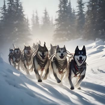 Dog team pulls a sleigh in the depths of Alaska