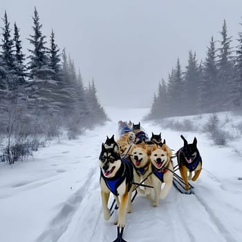Dog team pulls a sleigh in the depths of Alaska