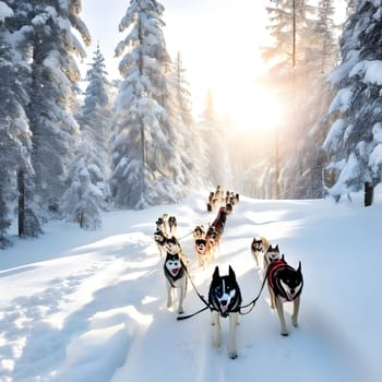 Dog team pulls a sleigh in the depths of Alaska