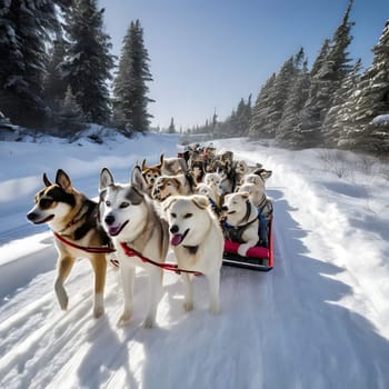 Dog team pulls a sleigh in the depths of Alaska