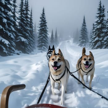Dog team pulls a sleigh in the depths of Alaska