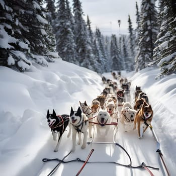 Dog team pulls a sleigh in the depths of Alaska