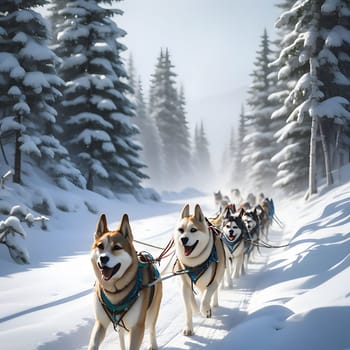 Dog team pulls a sleigh in the depths of Alaska