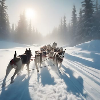 Dog team pulls a sleigh in the depths of Alaska