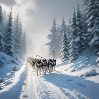 Dog team pulls a sleigh in the depths of Alaska