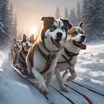 Dog team pulls a sleigh in the depths of Alaska