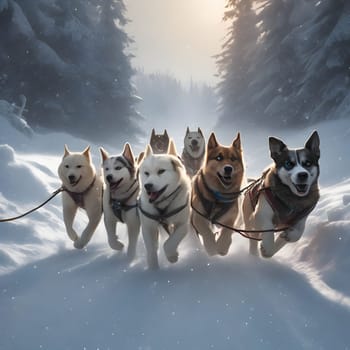 Dog team pulls a sleigh in the depths of Alaska