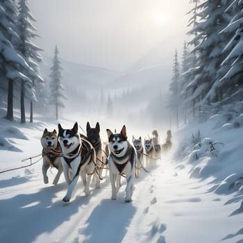 Dog team pulls a sleigh in the depths of Alaska
