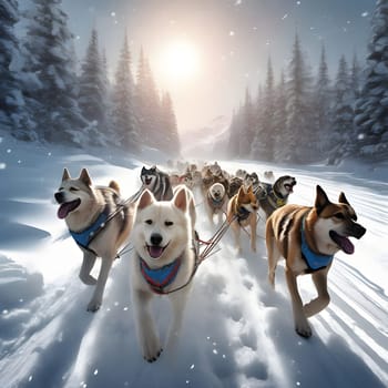 Dog team pulls a sleigh in the depths of Alaska