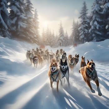 Dog team pulls a sleigh in the depths of Alaska