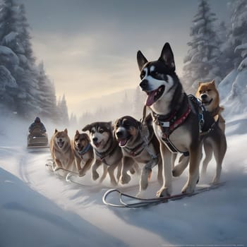 Dog team pulls a sleigh in the depths of Alaska
