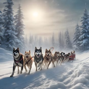 Dog team pulls a sleigh in the depths of Alaska
