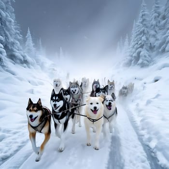 Dog team pulls a sleigh in the depths of Alaska
