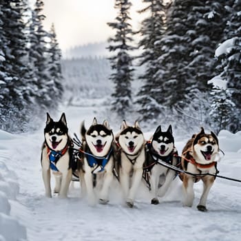 Dog team pulls a sleigh in the depths of Alaska