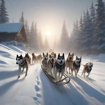 Dog team pulls a sleigh in the depths of Alaska