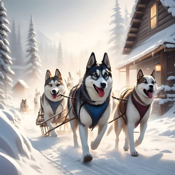 Dog team pulls a sleigh in the depths of Alaska