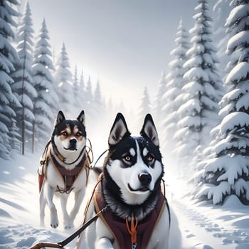 Dog team pulls a sleigh in the depths of Alaska