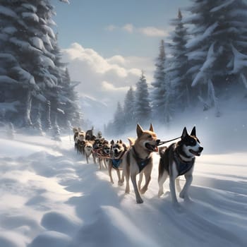 Dog team pulls a sleigh in the depths of Alaska