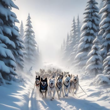 Dog team pulls a sleigh in the depths of Alaska