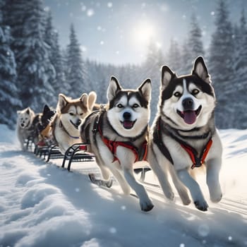 Dog team pulls a sleigh in the depths of Alaska