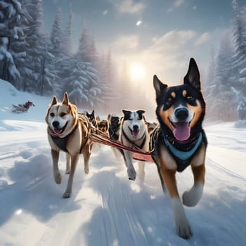 Dog team pulls a sleigh in the depths of Alaska