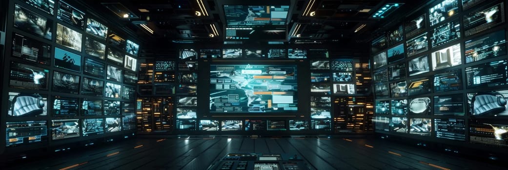 High-tech control center with numerous screens showing various data, maps, and information displays