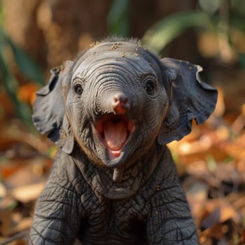 Close-up of a baby elephant with wrinkled skin, open mouth, and playful expression