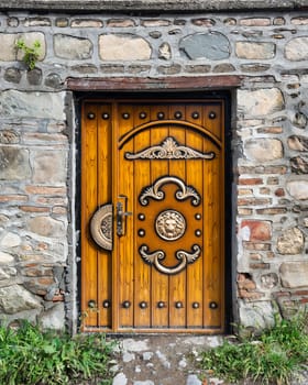 A detailed wooden door with ornate gold accents is set in a rough stone wall. Green plants grow at the base of the wall.