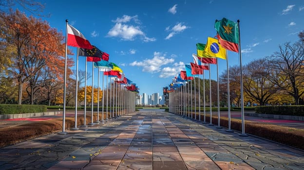 An international collection of flags from different countries, each flag flies on the masts in the park, illustrating a shared commitment to democracy and peace.