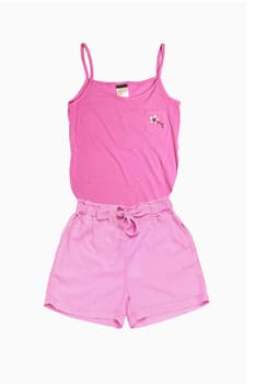 Fashionable summer clothes isolated on a white background. A female pink blouse or shirt and denim pink shorts isolated. Women fashion.