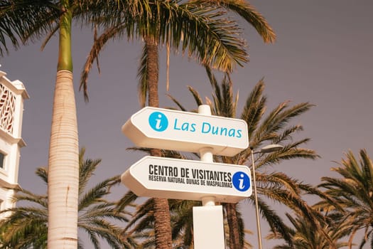 Gran Canaria, Spain, Canary Islands, Playa del Inglés - Jun 17, 2024. Signpost to the visitor centre of the Maspalomas Dunes Nature Park. Viewpoint of Dunes.