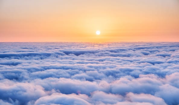 Aerial view of sunrise sky above clouds at Fanal mountain, Madeira island, Portugal