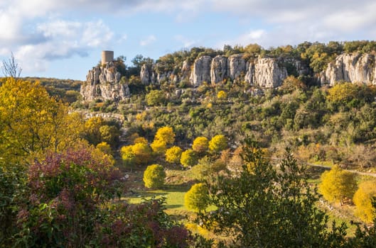 Landscape view over the rocky cliffs from Balazuc village in Southern France, Ardeche district