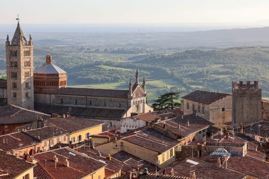 Massa Marittima old town and San Cerbone Duomo cathedral. Tuscany, Italy.