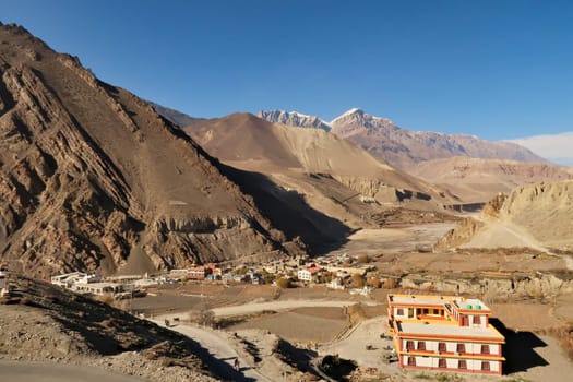 The small town, village of Kagbeni in Mustang, surrounded by dry, desertlike landscape, Annapurna Circuit Trek, Nepal 2022