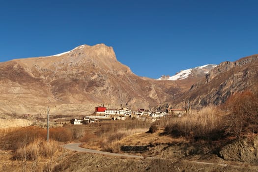 View onto the traditional village of Jharkot in front of the Thorong, Thorung, Thorang La Pass, close to Mutkinath, Annapurna Circuit Trek, Nepal 2022