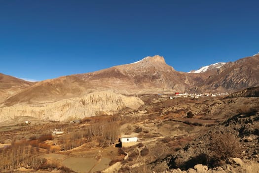 Farmland, rural landscape below the traditional village of Jharkot in front of Thorong, Thorung, Thorang La Pass, close to Muktinath, Annapurna Circuit Trek, Nepal 2022