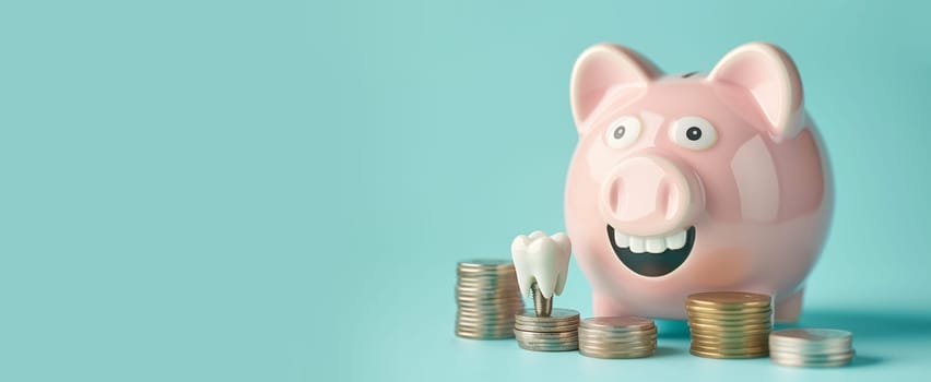 Tooth on a pile of coins, piggy bank, medical care and insurance, saving money for dental treatment, fillings, dentures and prostheses
