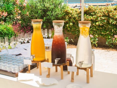 Summer drinks on bar outdoor wedding party and event concept
