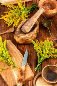 Medicinal herbs and stylish vintage wooden mortar. Homeopathy.
