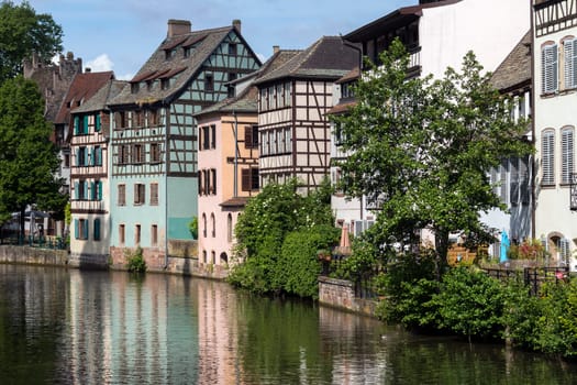 Old buildings in the historic Little Venice area of the city of Strasbourg in the Alsace region of France. This area of the city is a UNESCO World Heritage Site.