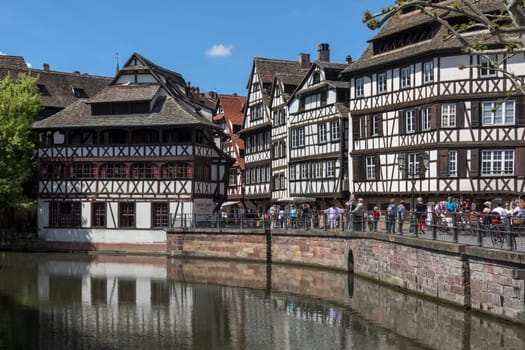 Old buildings in the historic Little Venice area of the city of Strasbourg in the Alsace region of France. This area of the city is a UNESCO World Heritage Site.