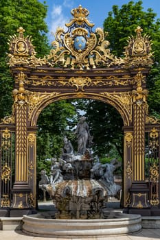 One of the ornate gates and fountains in Stanislas Place in the historic center of the city of Nancy in France. A UNESCO World Heritage Site.