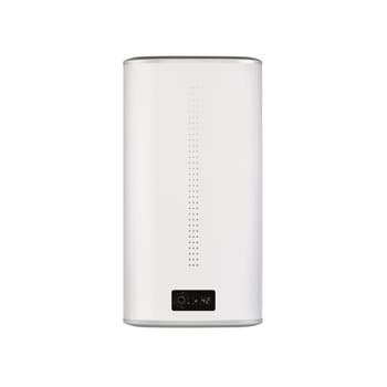 Household budget water heater hanging on the wall in boiler room. Modern tanked boiler in bathroom. Common electric storage tank water heater. Energy-efficient home heating system on white background