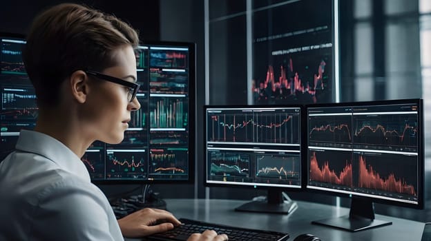 A financial analyst is focused on interpreting complex market data displayed across several high-resolution screens. The workspace is equipped with advanced technology, and charts with varying colors illustrate real-time market trends. The analyst's concentrated expression highlights the importance of precise data analysis in financial decision-making.