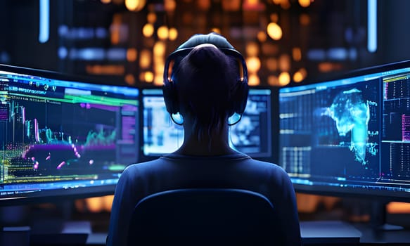 A data analyst focuses intently on multiple computer screens displaying intricate data visualizations and graphs. The setting is a modern office lit by ambient lighting, contributing to a productive nighttime work atmosphere.