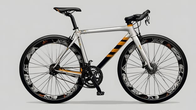 A modern mountain bicycle features a striking design with a blend of black, white, and orange colors. It is showcased in a standing position, highlighting its sturdy frame, intricate wheel design, and advanced components. This bike reflects a contemporary aesthetic suitable for outdoor adventures.