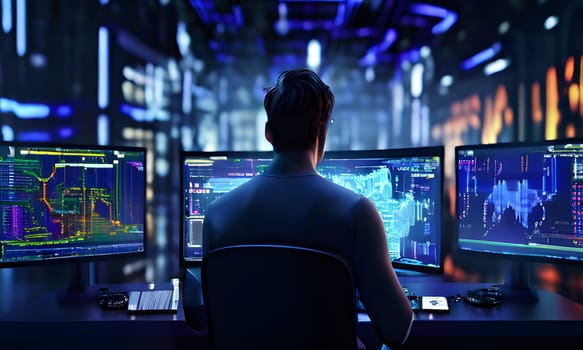 A skilled programmer sits in a contemporary workspace, focused intently on multiple monitors displaying complex data visualizations and code. The ambient lighting creates a high-tech atmosphere, emphasizing the depth of analysis taking place late at night.